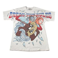 Vintage 90s Looney Tunes Taz Tasmanian Devil Break The Rules Basketball Slam Dunk Shattered Backboard AOP Graphic Single Stitch White T-Shirt Size M