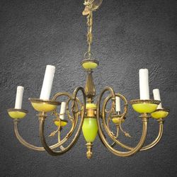 Vintage Italian Neoclassical style Ornate Brass & Faux Onyx 6 Light Chandelier