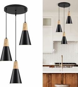 Black Wood Pendant Light Kitchen Island 3 Light, Black Cone Modern Farmhouse Kitchen Pendant Hanging Lighting for Dining Room, Restaurant, Bar, Kitche