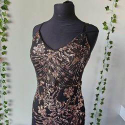 Black- rosegold sequined maxi dress / SIZE: LARGE / party, prom, evening dress