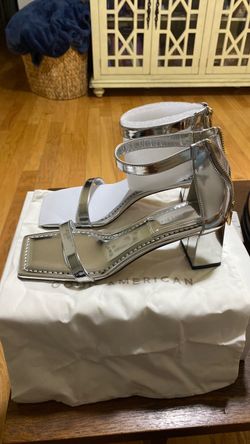 Good American Silver Metallic Block Heel Sandals
