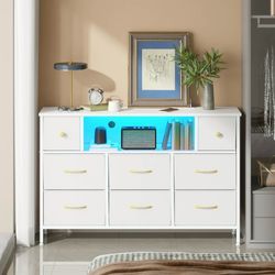 DRESSER - 8 Fabric Drawers Dresser for Bedroom with Power Outlets and LED Lights - Living Room, Entryway