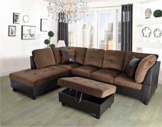 Brown microfiber sectional couch and ottoman