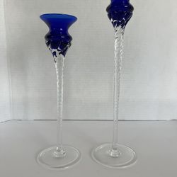 Cobalt Blue And Clear Glass Candle Holders