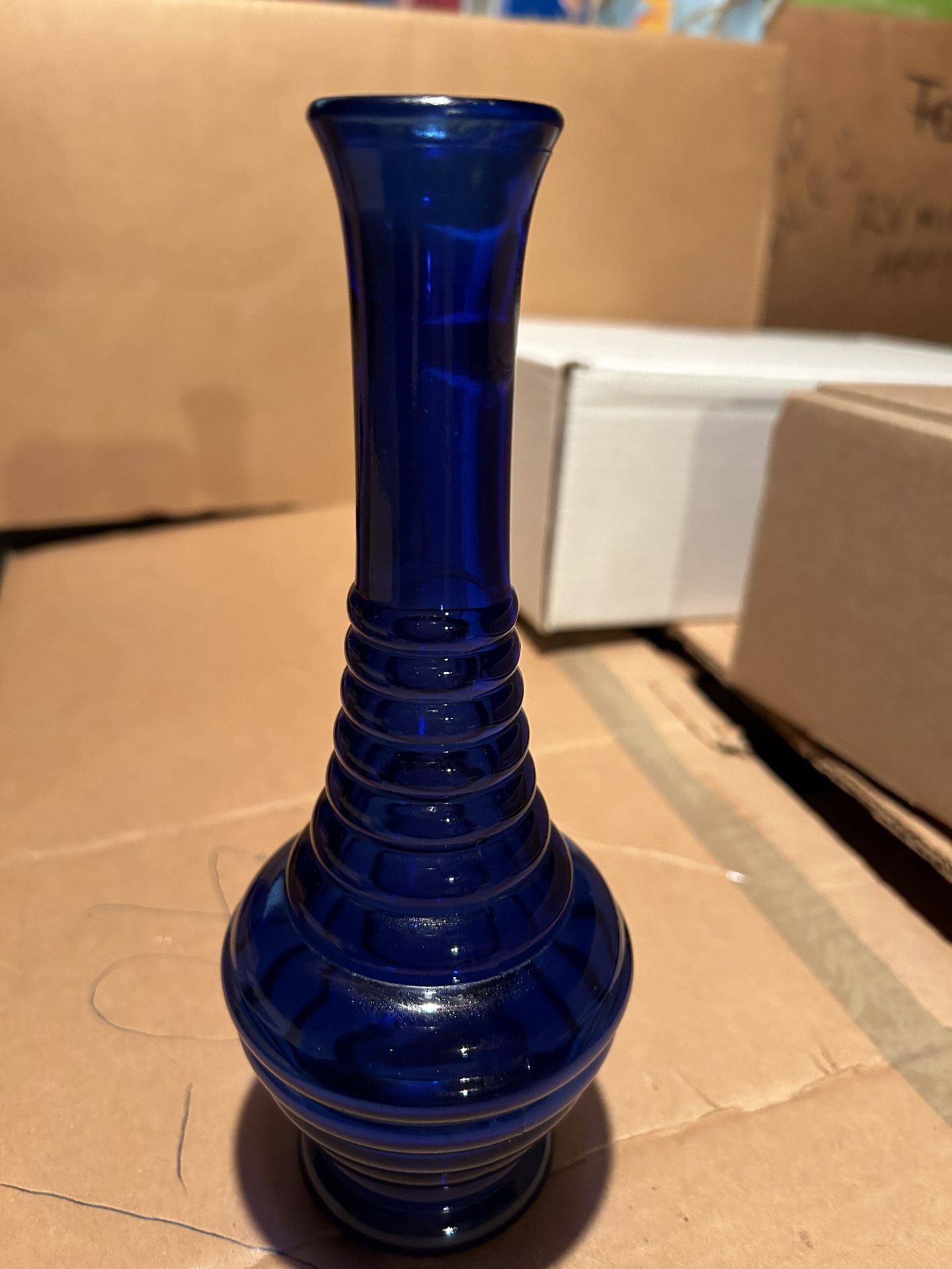Cobalt Blue Glass Flower Vase Round  - Ribbed Design  8" USA - Vintage