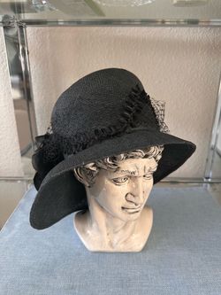 Vintage David M Black Straw Cloche Sun Hat Veil Silk Flower Accent