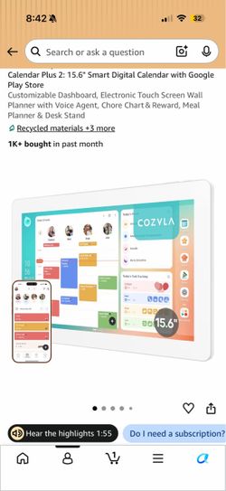 Cozyla Digital Calendar+ 2: 15.6'' Wall Planner Touch Screen Chore Chart Customize Dashboard Smart Electronic Calendar for Family Schedules Meal Plann
