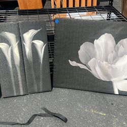 Floral Canvas Wall Art Set in Black and White. Has some spots on canvas see pics! Tape came off/peeling on a couple of frames 