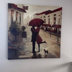 Man Woman With Red Umbrella And Dog In The City