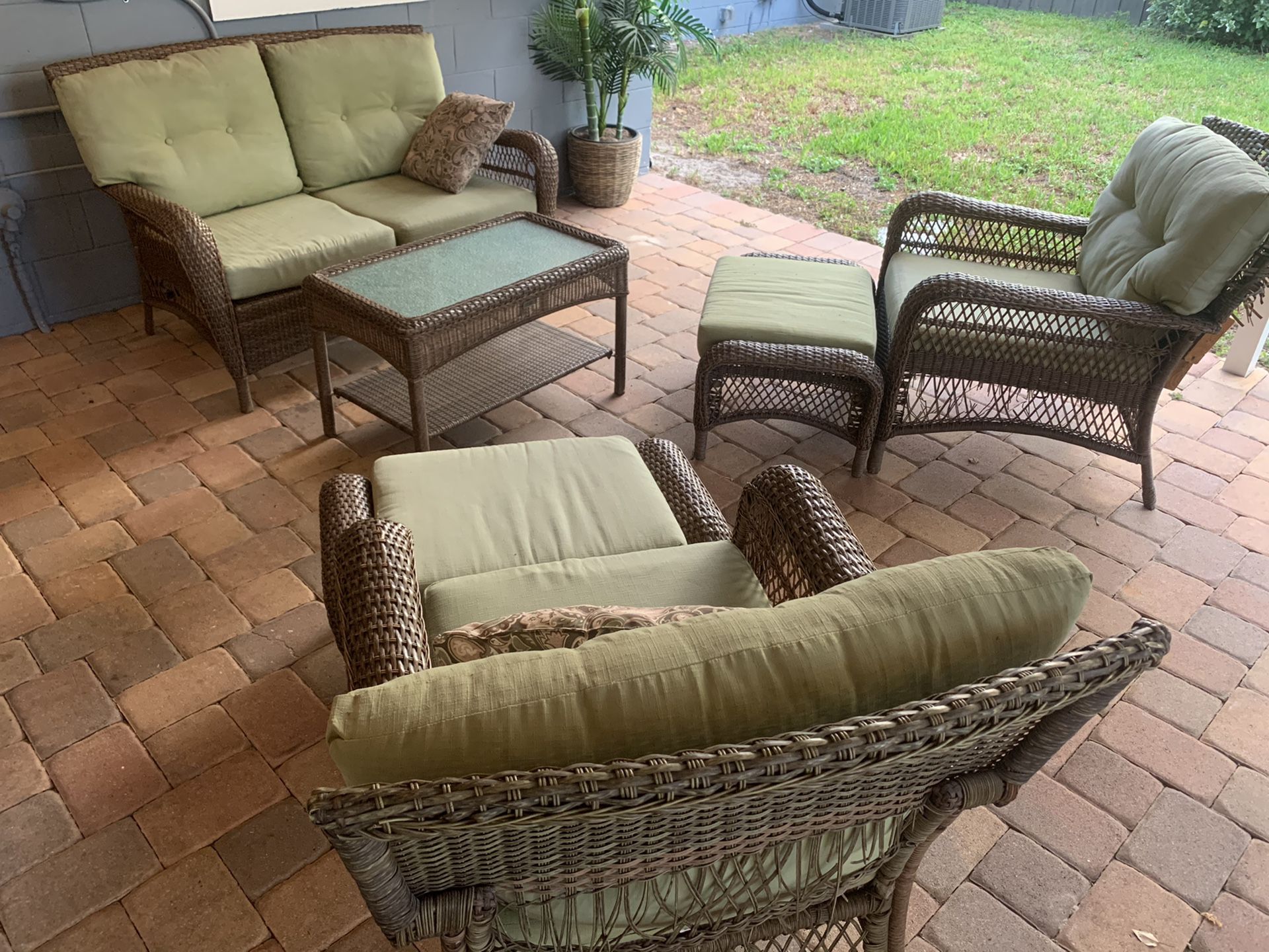 Martha Stewart Outdoor Patio Furniture Green Wicker Brown Loveseat 4 Porch set lounge backyard seating