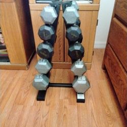 Five Sets Of Dumbbells And Rack  25 15 12 10 8