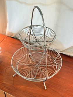 Vintage Chrome Fruit Basket with 2 Tiers and Handle 