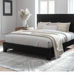 Full Size Platform Bed Frame with Velvet Upholstered Headboard and Wooden Slats Support, Fully Upholstered Mattress Foundation/No Box Spring