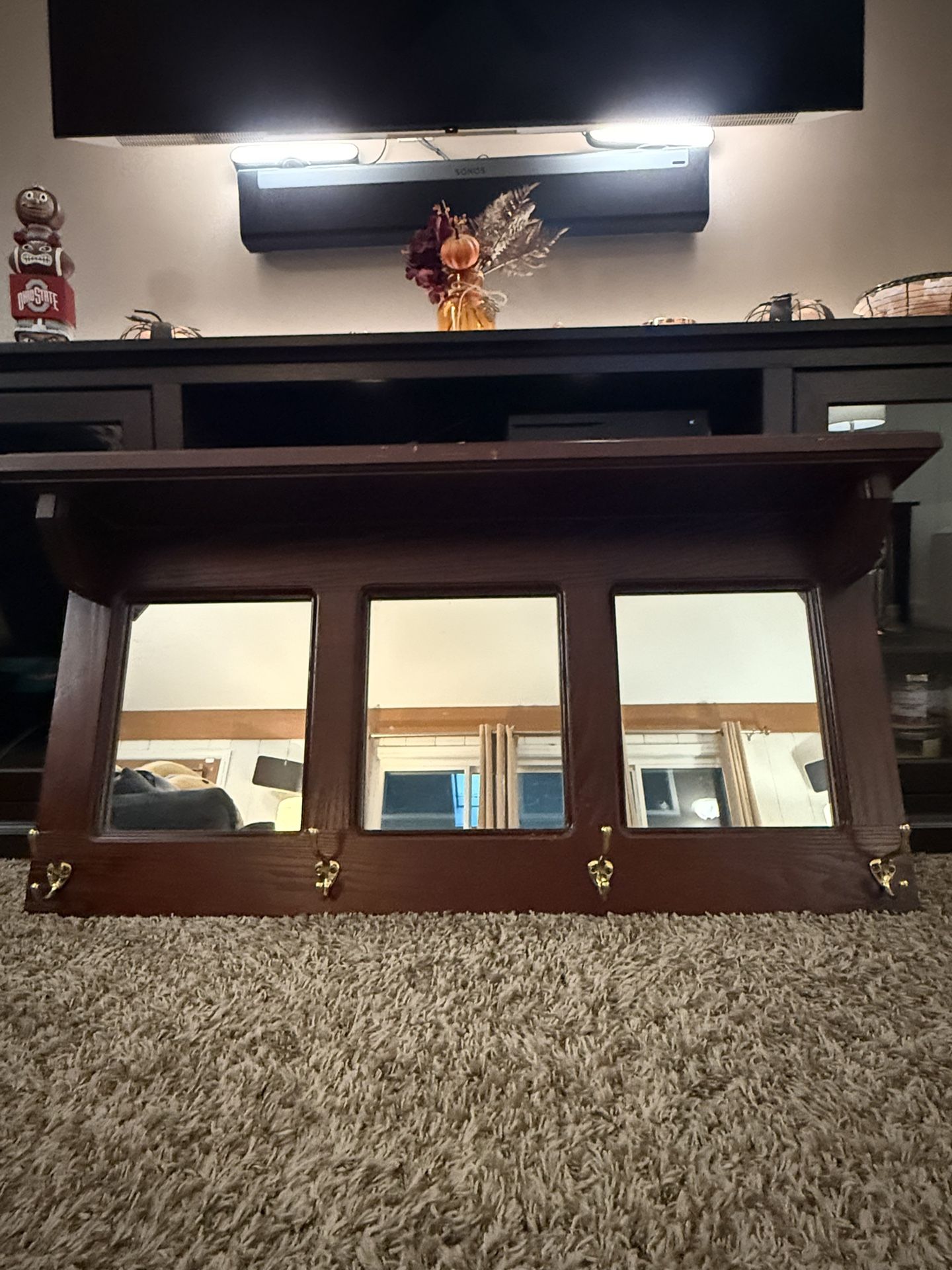 Cherry-Stained Wall-Mounted Coat Rack with Mirror - Sturdy and Stylish