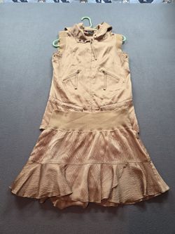women's gold vintage 2pc set skirt/sleeveless zip up utility top by Bebe size XS