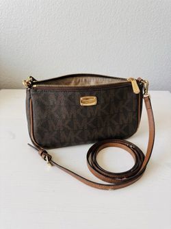 Michael Kors Signature MK Monogram Pochette Crossbody Shoulder Bag, Brown with Tan Trim
