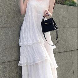 Women Long Dress with Lace Trim Spaghetti Straps White/Black Casual Summer Slip