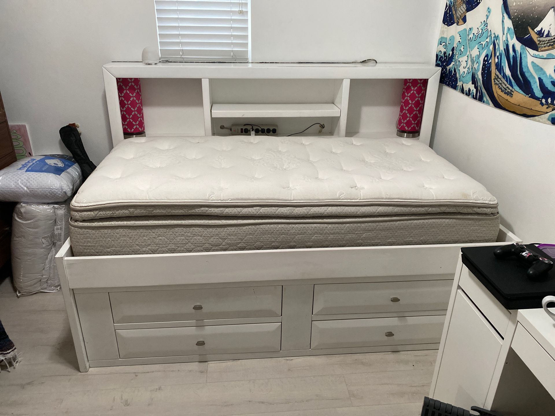 Twin Bed w/ Shelves and Drawers, Twin Mattress included