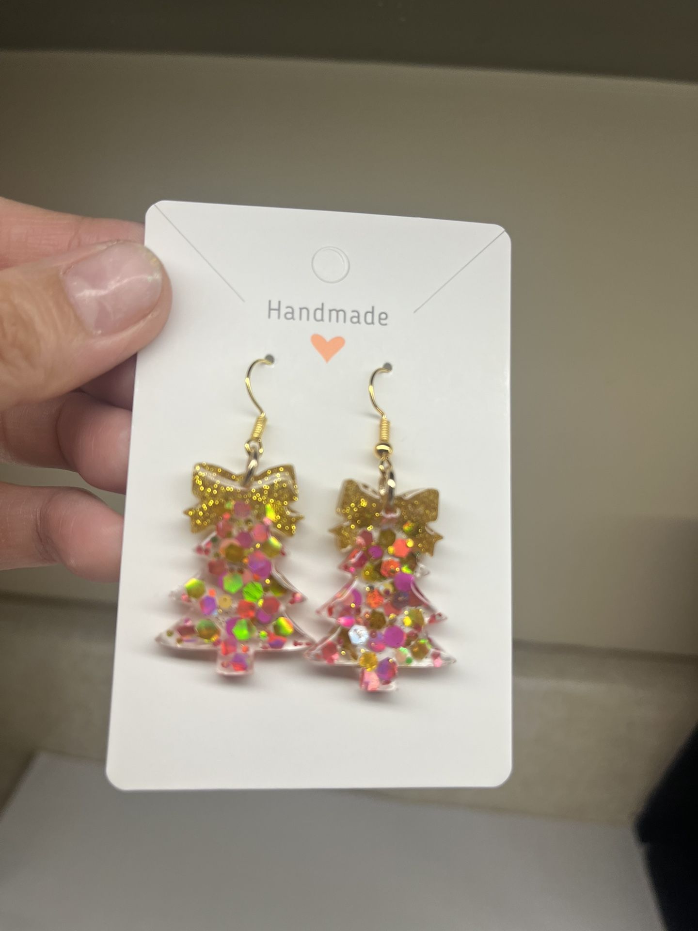 Pink Sparkly Polka Dot Christmas Tree Resin Earrings with Bow or Star Top (Two Styles) 