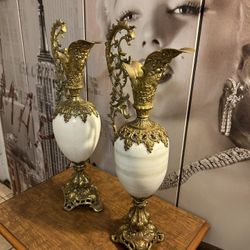 antique  metal  Brass pitcher vases early 1900s.