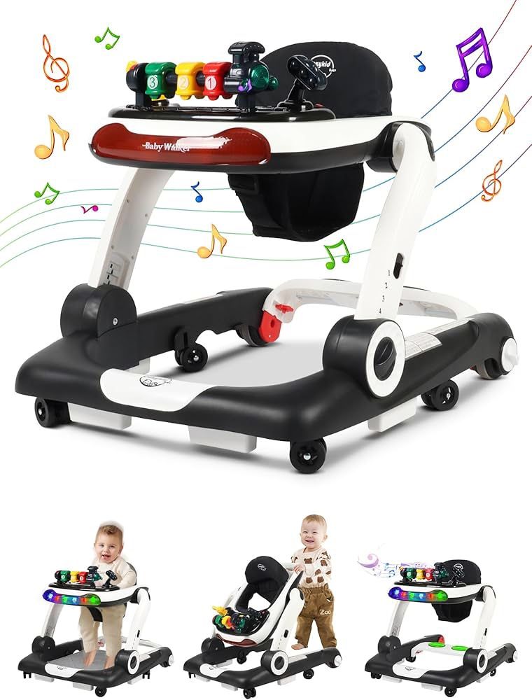 Music and Lights Baby Walker with Wheels, 6 in 1 Baby Activity Center w/Ergonomic backrest Design, Baby Walkers for Boys w/Foot Pads, Music Bouncer Wa