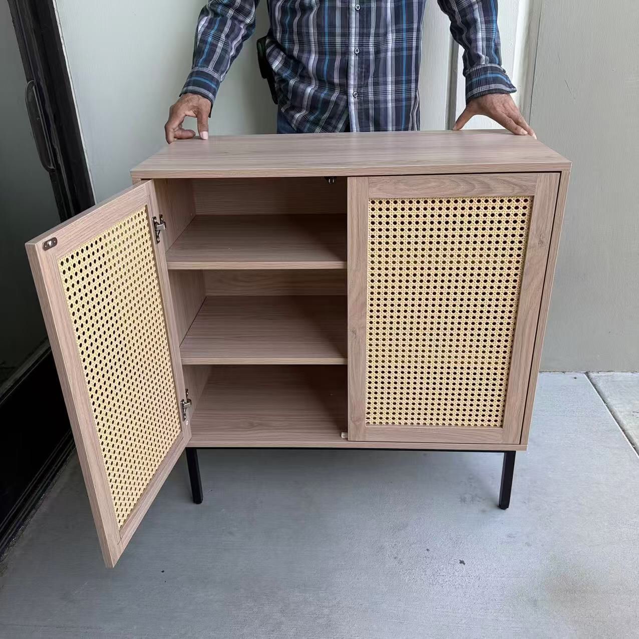 New In Box 31.5x15x33 Inch Tall Entryway Rattan Buffet Sideboard Cabinet Cupboard Shelf Teak Microwave Stand Shoe Rack Storage