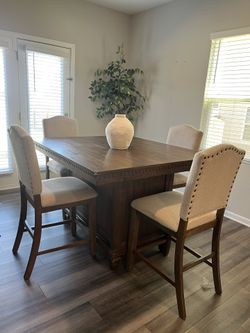 Counter-Height Wood Dining Set with 4 Upholstered Chairs