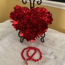 Red Glass Beaded Bracelets with Silver Double Heart Charm and Tassel