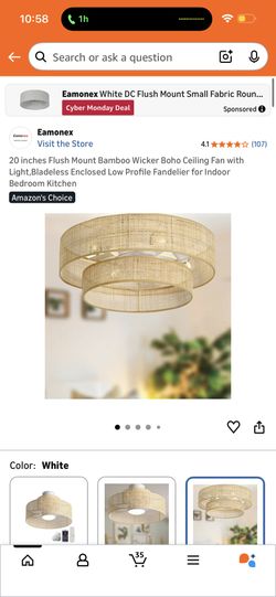 Eamonex 20 inches Flush Mount Bamboo Wicker Boho Ceiling Fan with Light,Bladeless Enclosed Low Profile Fandelier for Indoor Bedroom Kitchen