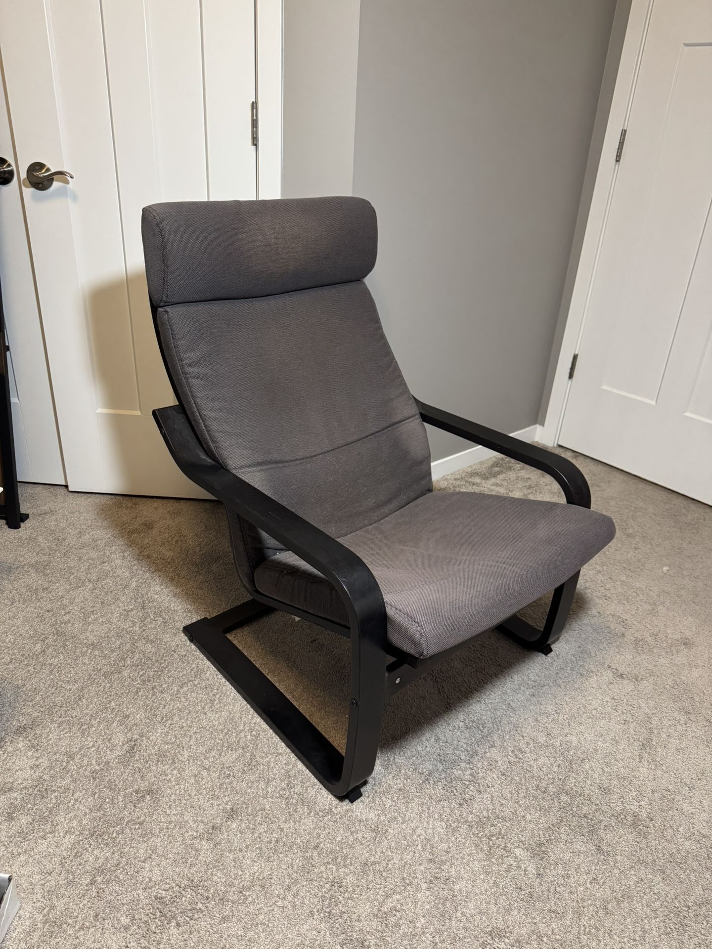 IKEA Poang Armchair With Foot Rest. Black Frame And Gray Cushion. Used