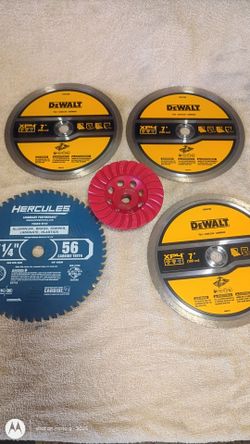 DeWalt xp4 7-in tile blade and Hercules aluminum brass copper laminate and plastic blade and a half hour with concrete finishing grinder wheel