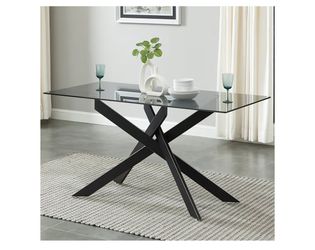Mesa de Comedor Moderna – Vidrio Templado Gris & Base Metálica en X