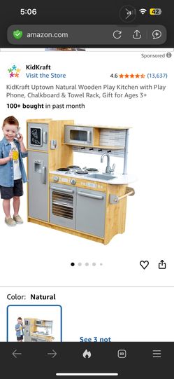 KidKraft Uptown Natural Wooden Play Kitchen with Play Phone, Chalkboard & Towel Rack, Gift for Ages 3+