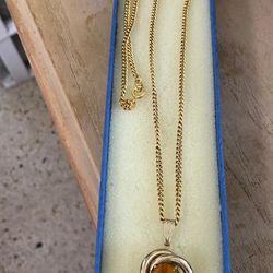 Cadena Laminada Dije Piedra Ámbar Joyería Antigua 