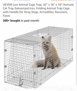 VEVOR Live Animal Cage Trap, 42" × 16"× 18" Humane Cat Trap Galvanized Iron, Folding Animal Trap Cage with Handle for Stray Dogs, Armadillos, Raccoons