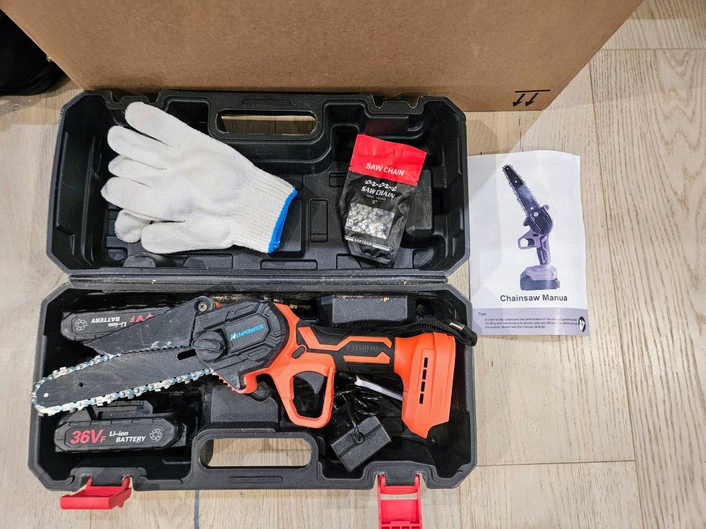 Mini Electric Chain Saw, 6 Inch Cordless, 2 Rechargeable Batteries, Compact One-Hand Use, Auto Lubrication System, Double Safety Lock
