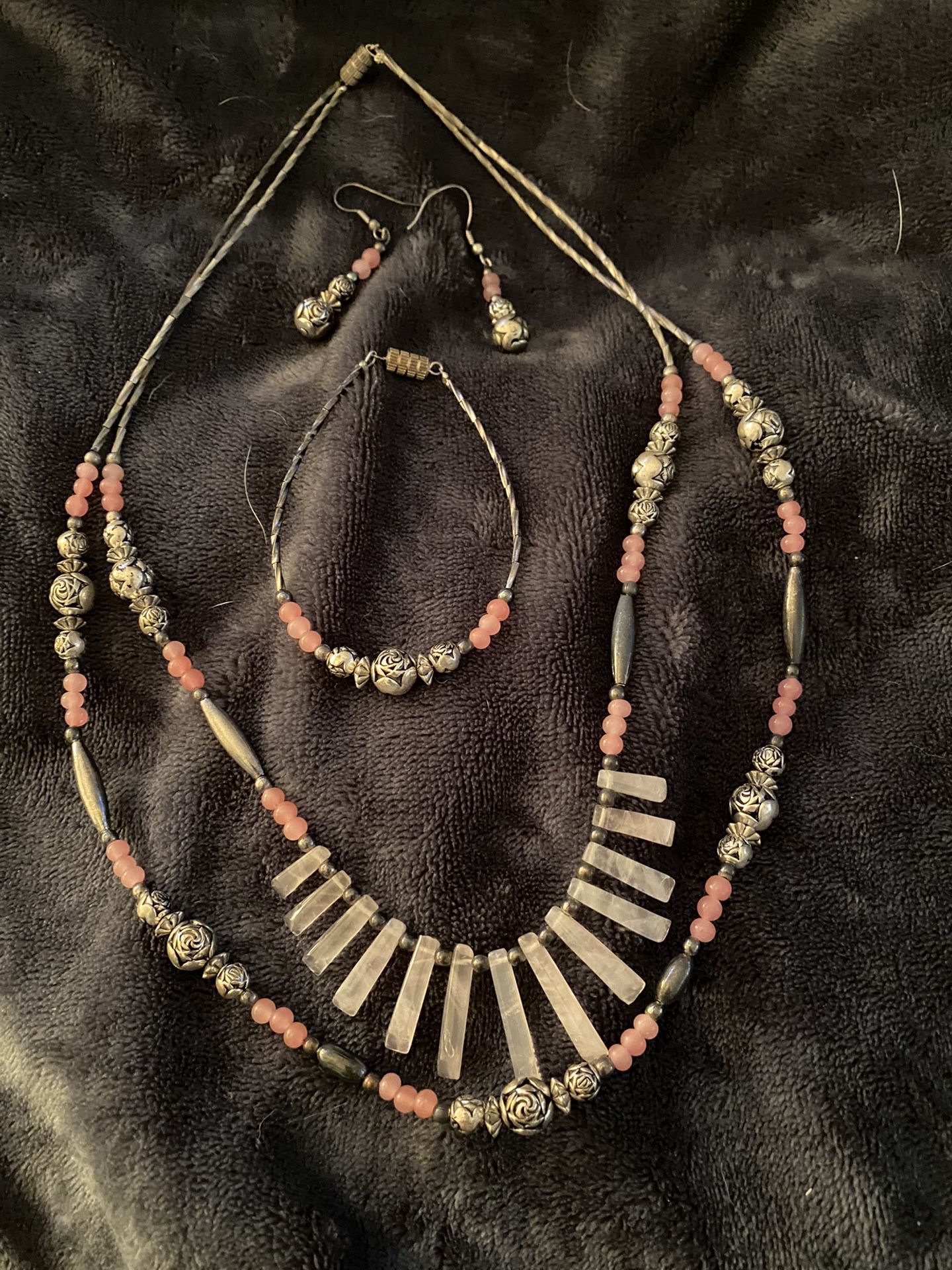 Mexican silver beaded/pink beaded/bracelet/earrings from Mexico