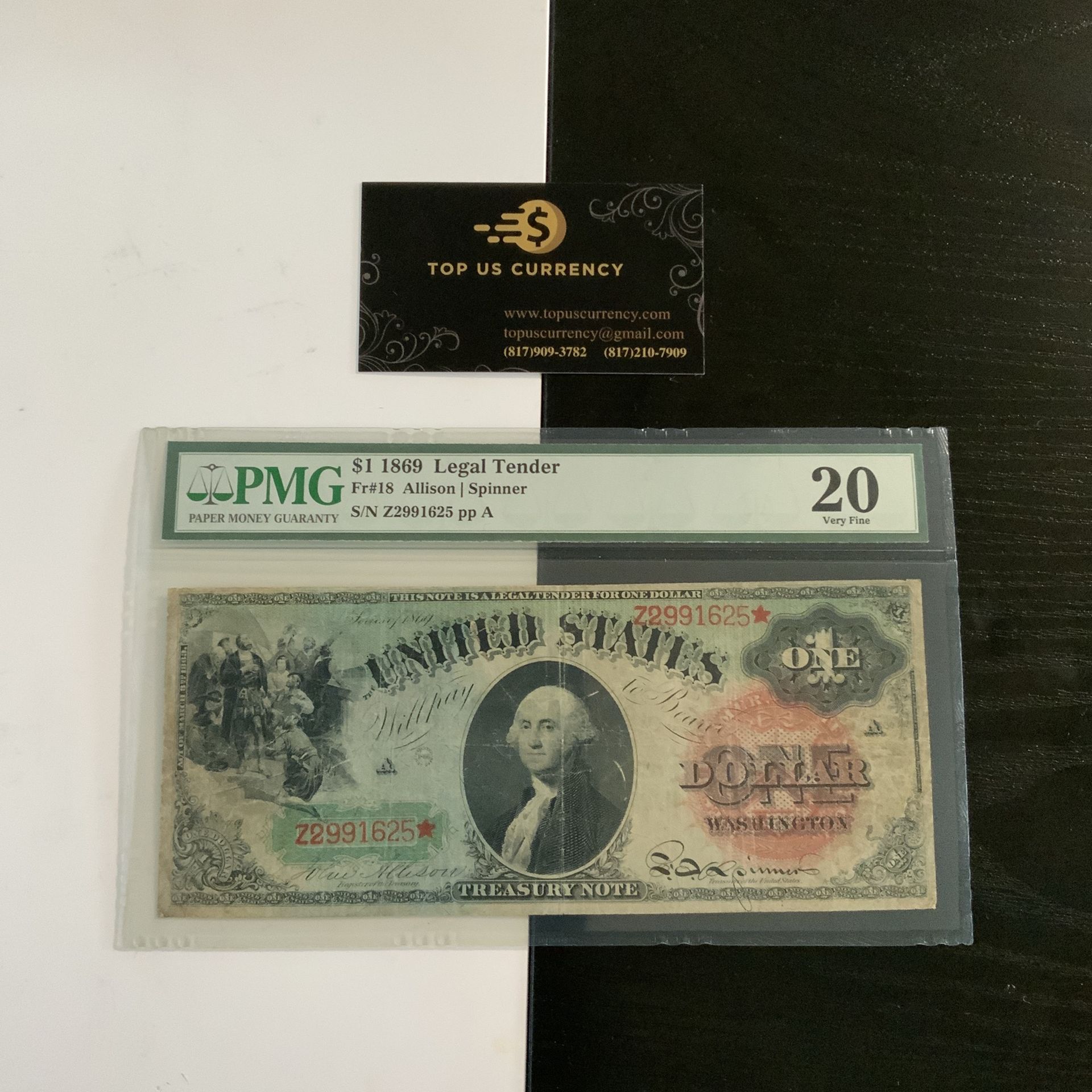 1869 $1, Legal Tender Note, PMG 20
