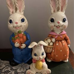 Vintage 1970’s Ceramic Chalk Ware Hand Painted Easter Bunny Family. 