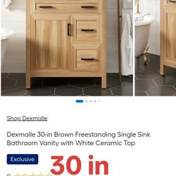 30-in Brown Freestanding Single Sink Bathroom Vanity with White Ceramic Top