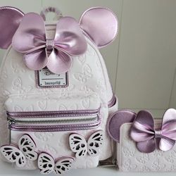 Disney Loungefly Pink Debossed Butterfly Metallic Pink Backpack & Wallet