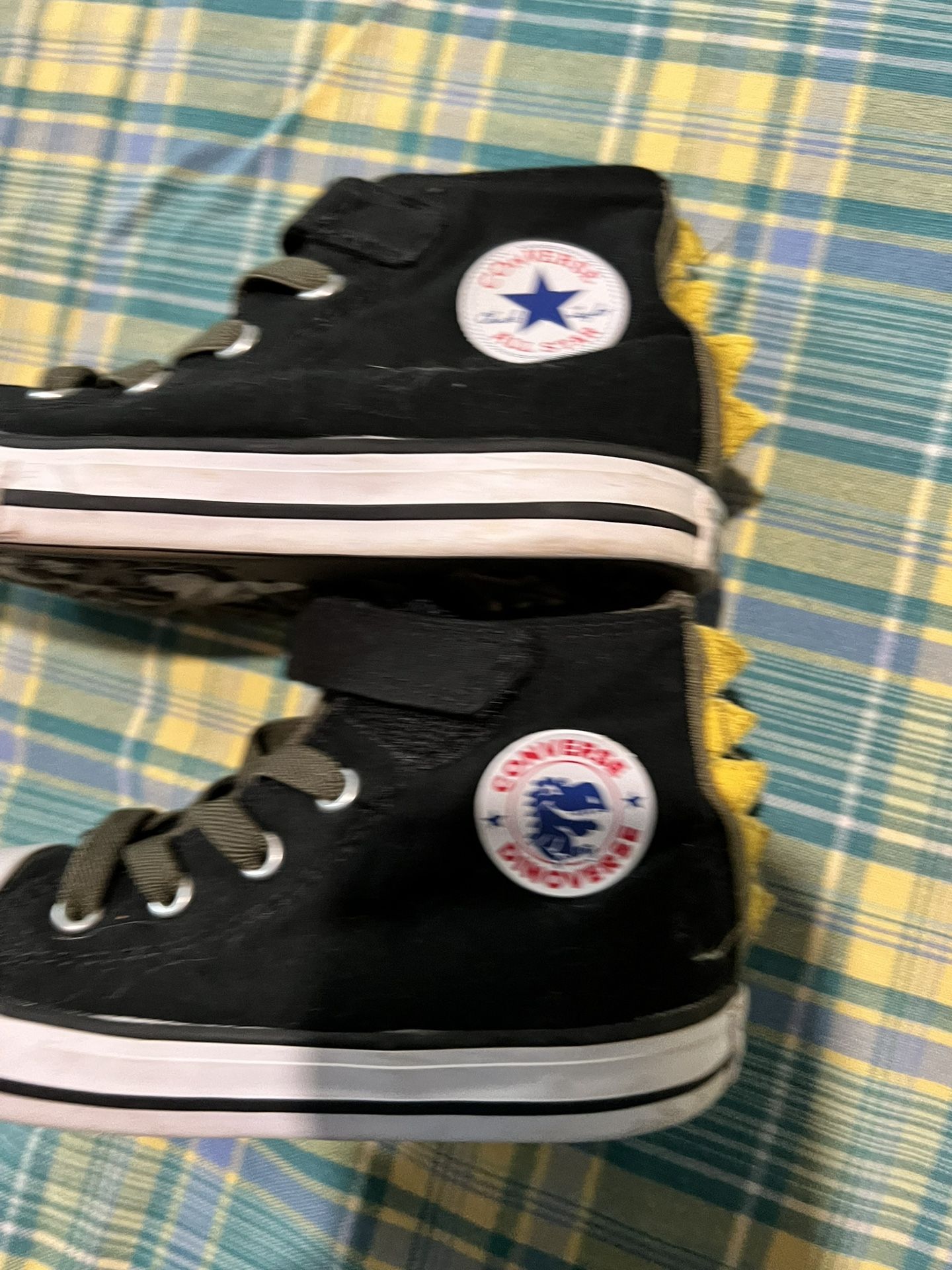 Black /white High top Converse With Yellow Dinosaur Scales