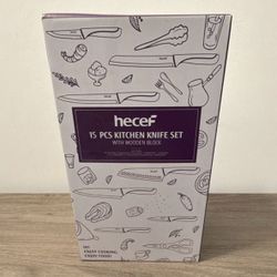 Hecef 15-Piece Kitchen Knife Set with Wooden Block – Cream White/Beige Handles – Stainless Steel