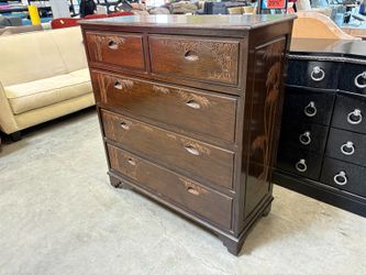 Dark Finished 5 Drawer Chest Style Dresser with Carved Bamboo Designs and Finger Pulls