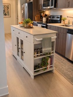 White Kitchen Island / Storage Cabinet with Stainless Top – Fully Assembled – $250