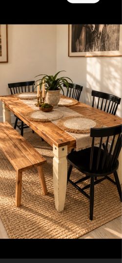 Rectangular table 4 chairs and bench