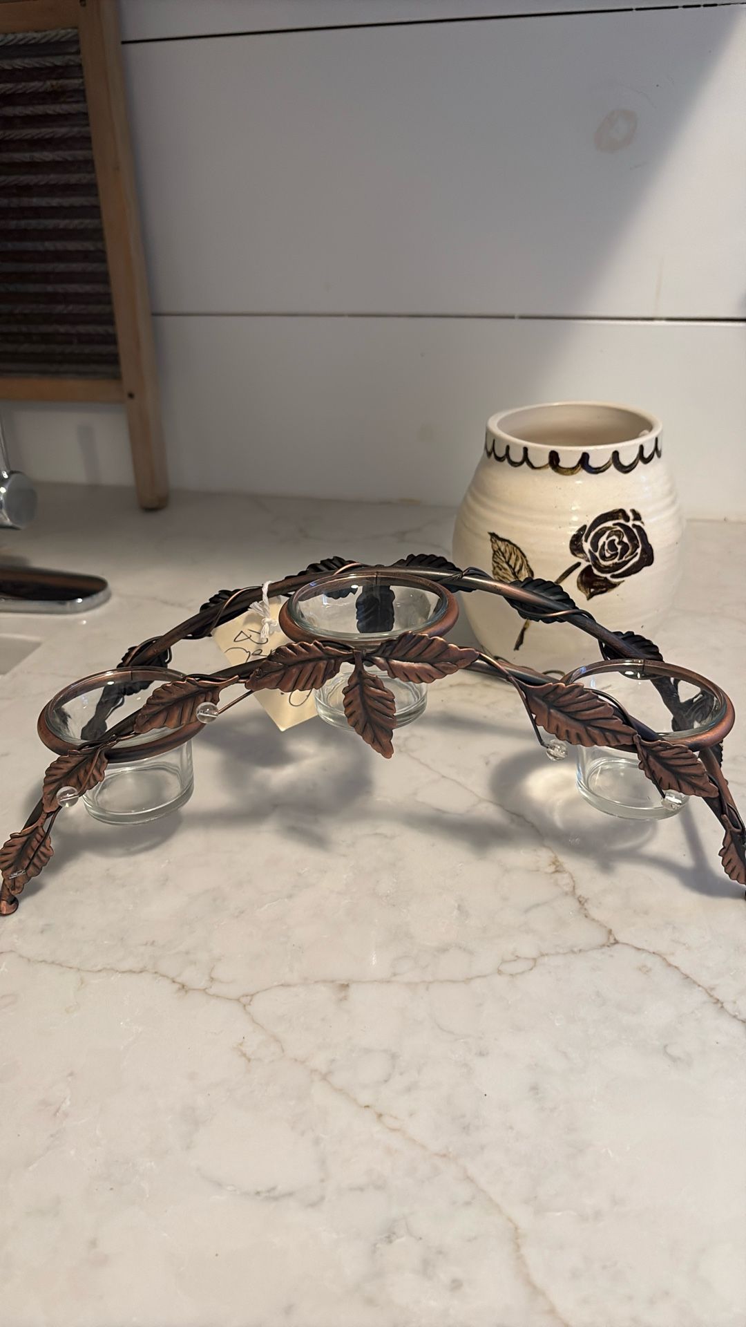 Copper Three Votive Candle Holder & Rose Pottery Vase