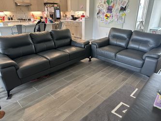 Living Spaces Gray Leather Couch Set