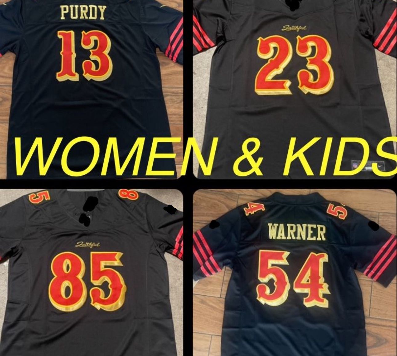 49ers Rivalries Black Youth Women’s Kittle Pearsall CMC McCaffrey Purdy Warner