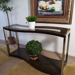 Great Condition Clean Unique Wave Design Console Entryway Table. Wood, Silver Frame, Glass Top